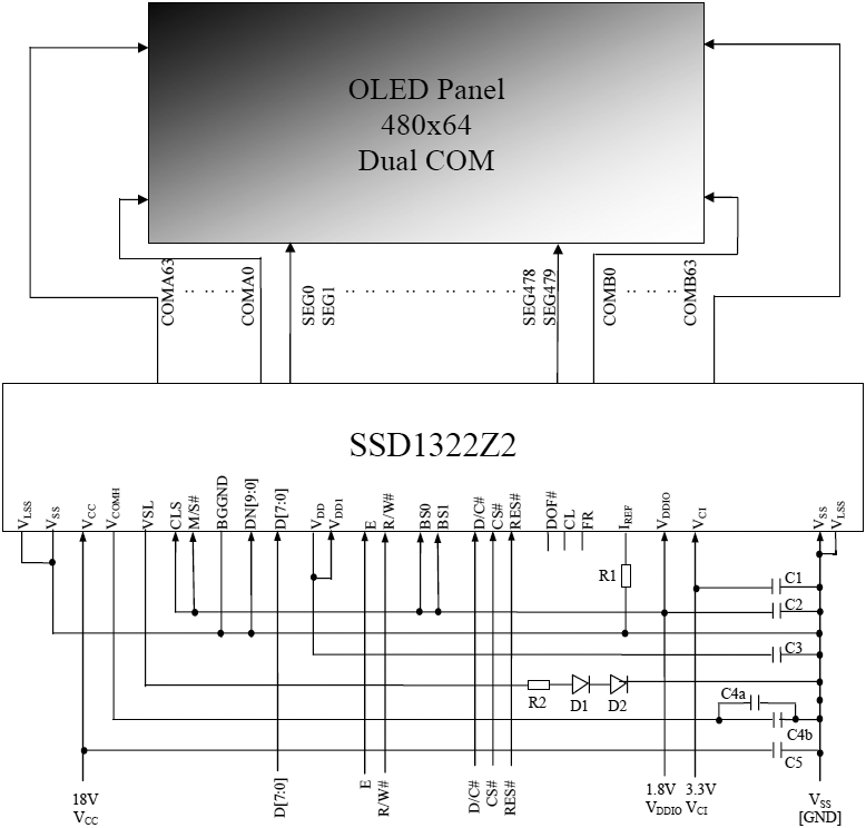 SSD1322 example 6800 bus Internal VDD dual COM mode fig14 2