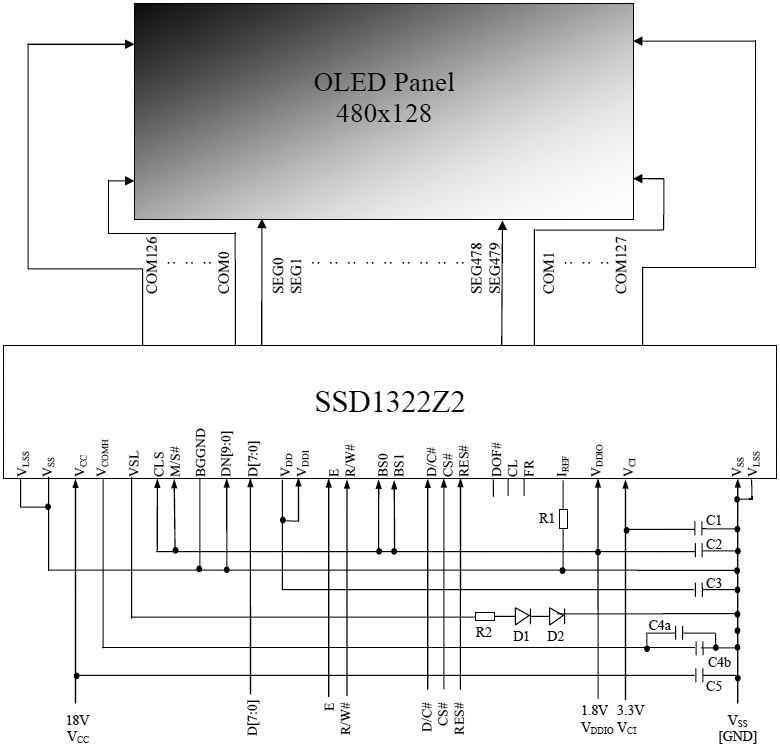 SSD1322 example 6800 bus Internal VDD single COM mode fig14 1