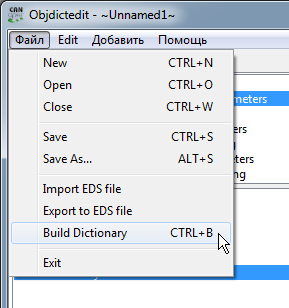 CanFestival objdictedit menu Build Dictionary