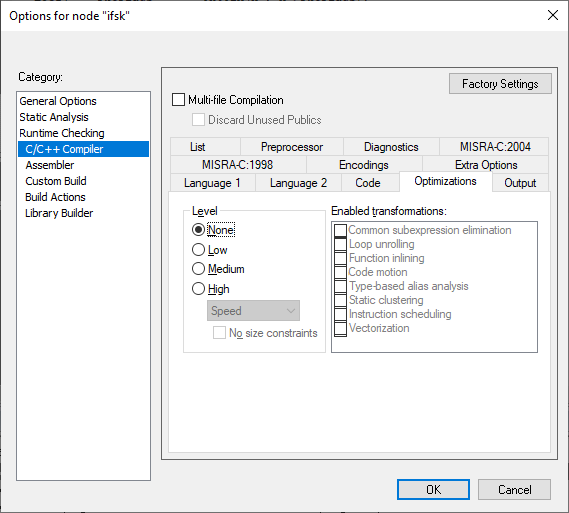 IAR Project Options Optimizations None