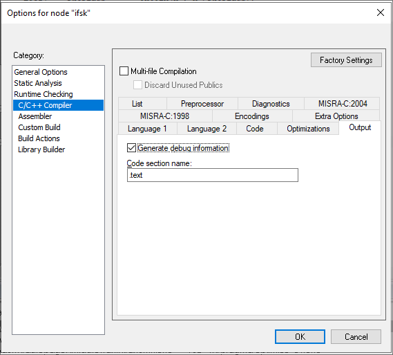 IAR Project Options Output Generate debug info