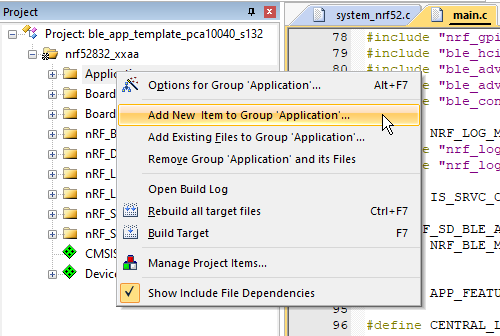 Keil add new module to ble app template