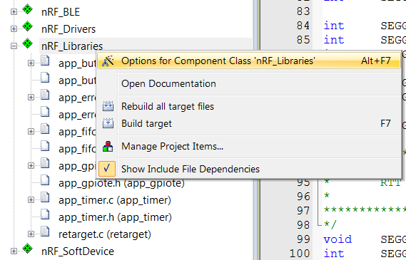 nRF5x Debug RTT options nRF Libraries