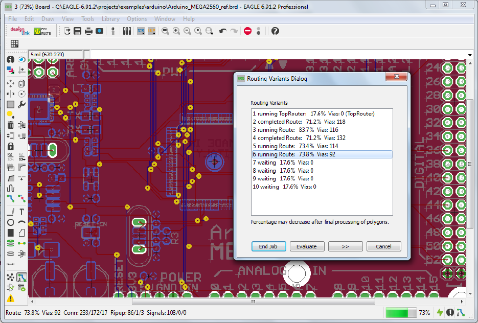 Eagle Autorouter Routing progress in variants